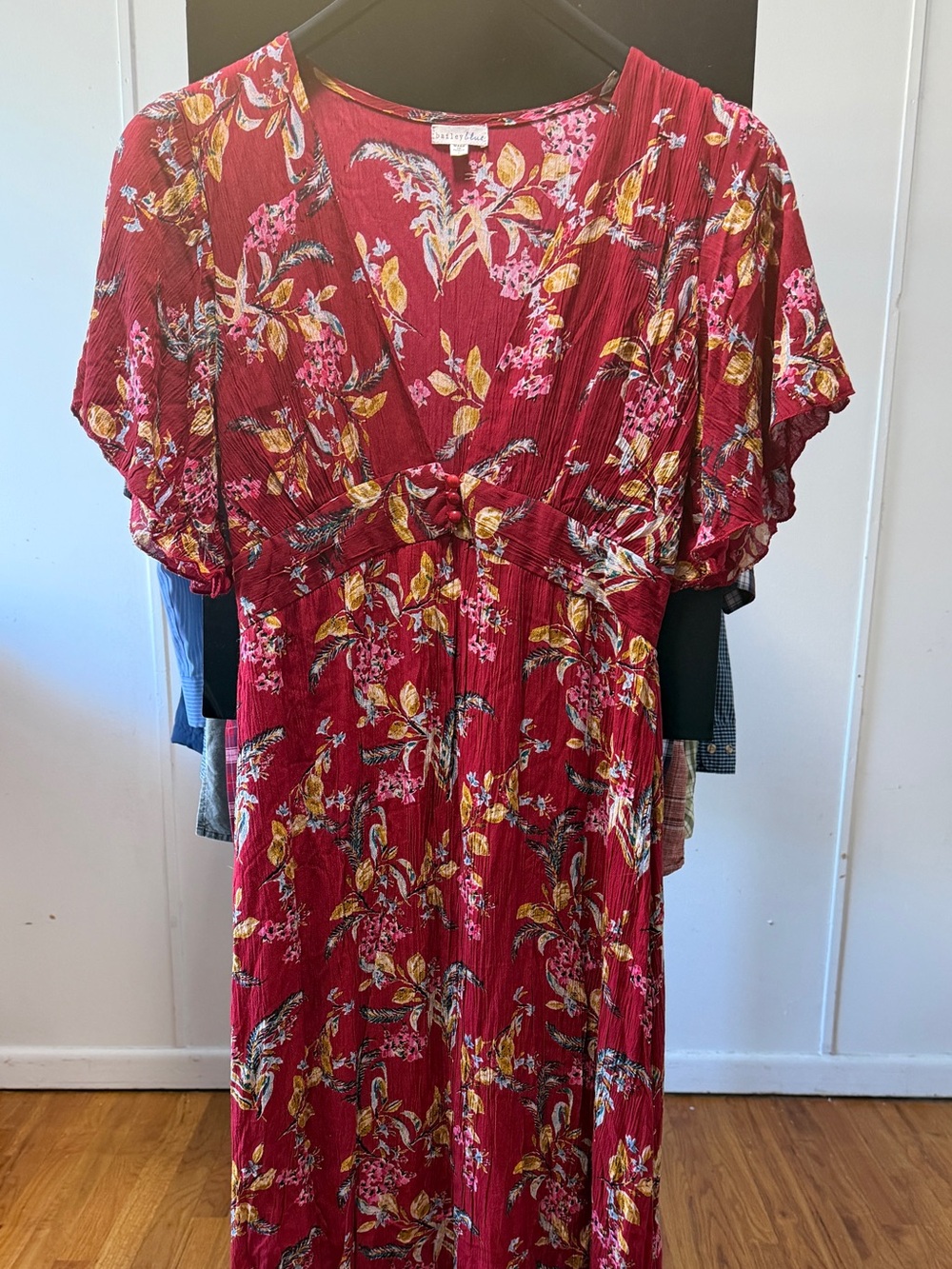 Like New Bailey Blue Floral Red Maxi Dress with Flounce Sleeves Size L